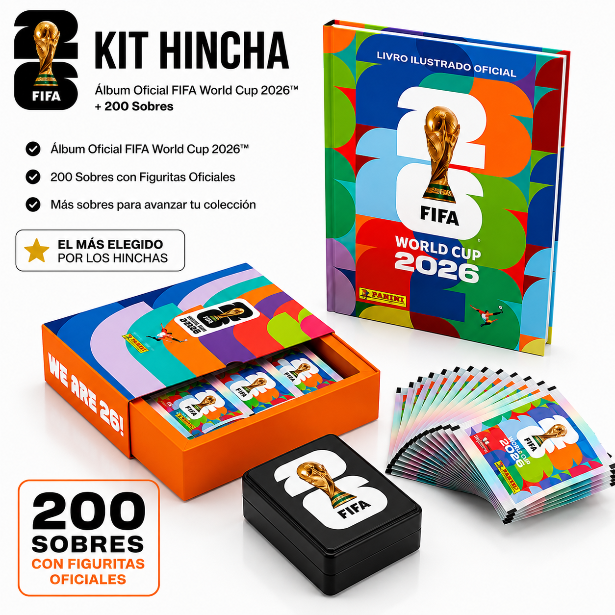 Kit HINCHA Completo Oficial: 200 Sobres + Álbum, Box Premium y Portafiguritas Oficial FIFA World Cup 2026™