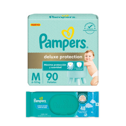 Kit Pampers Deluxe Protection | 90 Pañales + 48 Toallitas Húmedas