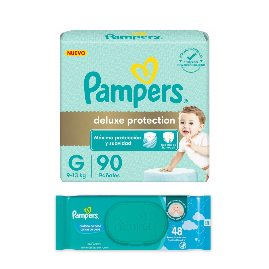 Kit Pampers Deluxe Protection | 90 Pañales + 48 Toallitas Húmedas