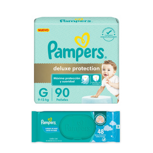 Kit Pampers Deluxe Protection | 90 Pañales + 48 Toallitas Húmedas