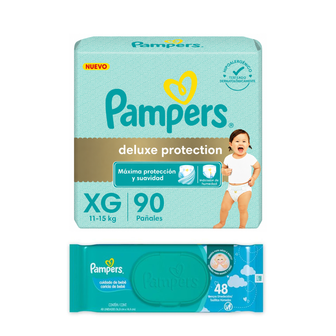 Kit Pampers Deluxe Protection | 90 Pañales + 48 Toallitas Húmedas